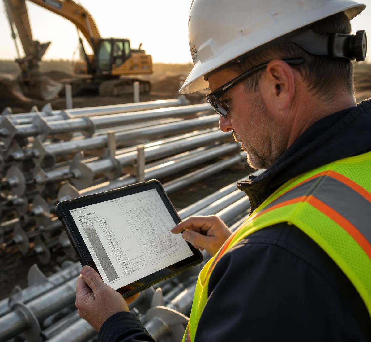 Helical Anchors engineer reviewing a soil boring log beside staged galvanized helical piles